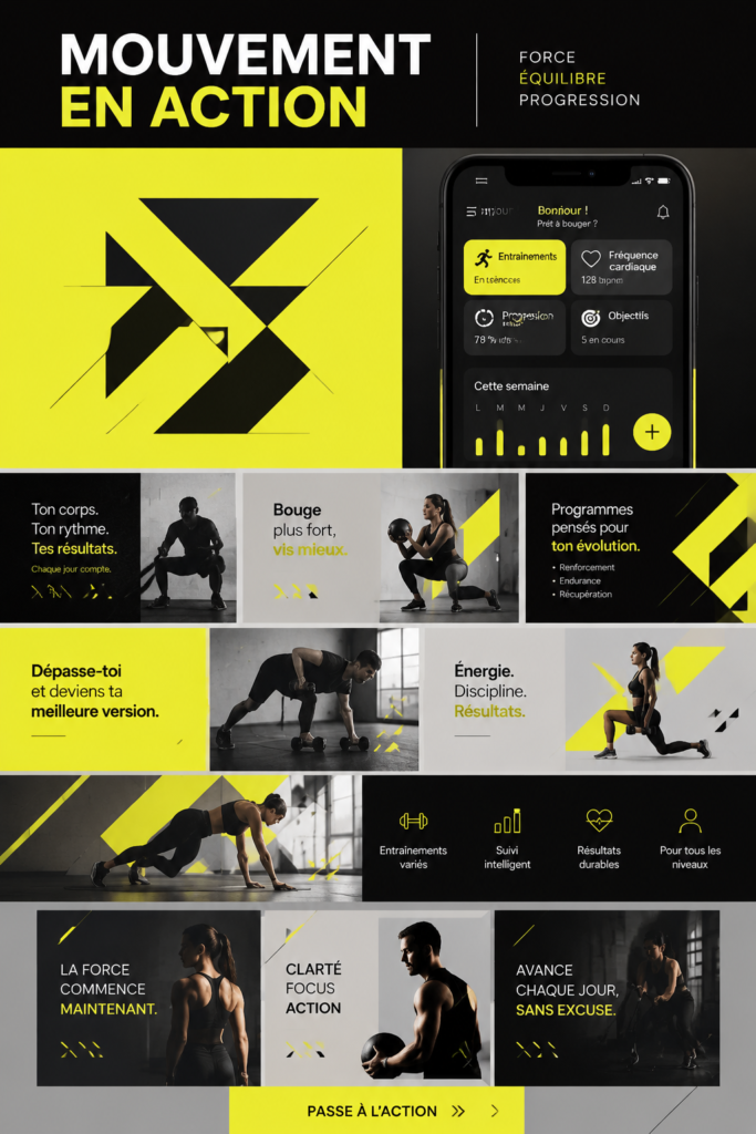 Vue d'une séance de fitness mettant en avant le branding du club avec des couleurs vives et un logo distinctif