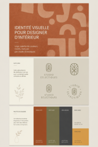 Logo d'architecte d'intérieur moderne avec palette de couleurs élégantes et textures raffinées.