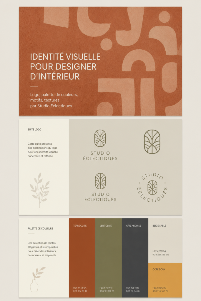 Logo d'architecte d'intérieur moderne avec palette de couleurs élégantes et textures raffinées.