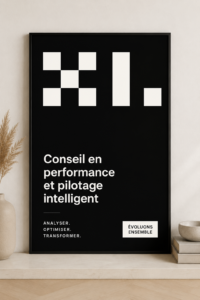 Poster de consultance coloré affiché dans un bureau, illustrant des données et des stratégies.