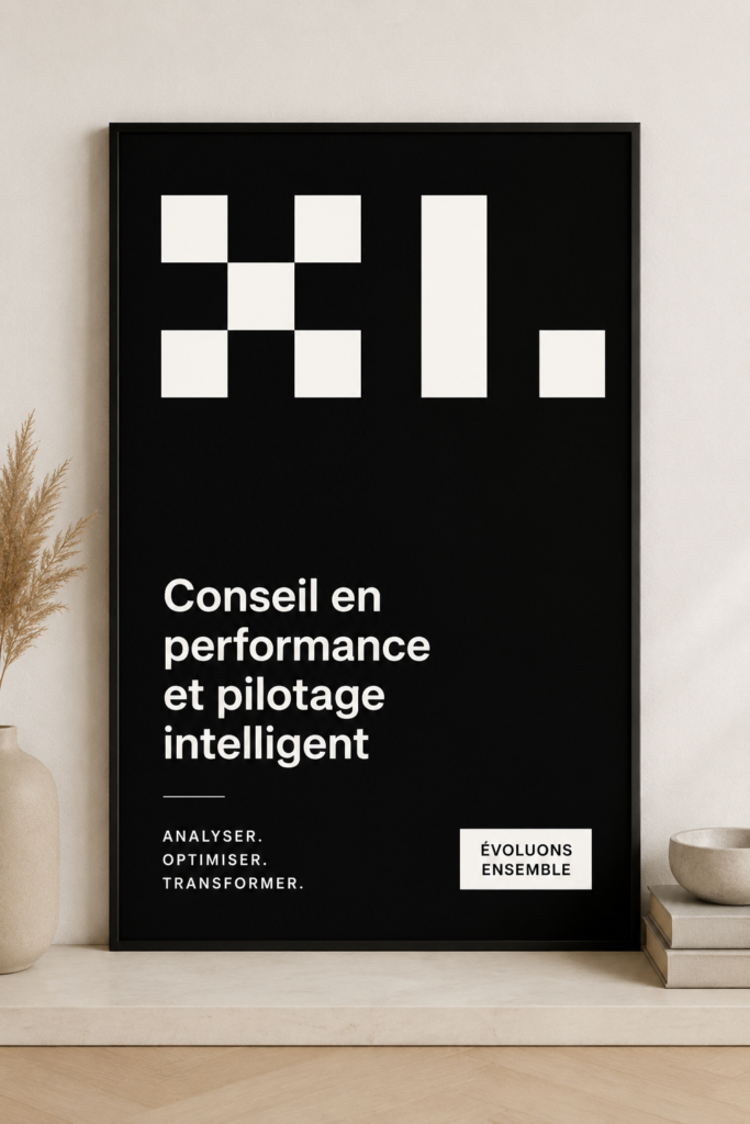 Poster de consultance coloré affiché dans un bureau, illustrant des données et des stratégies.