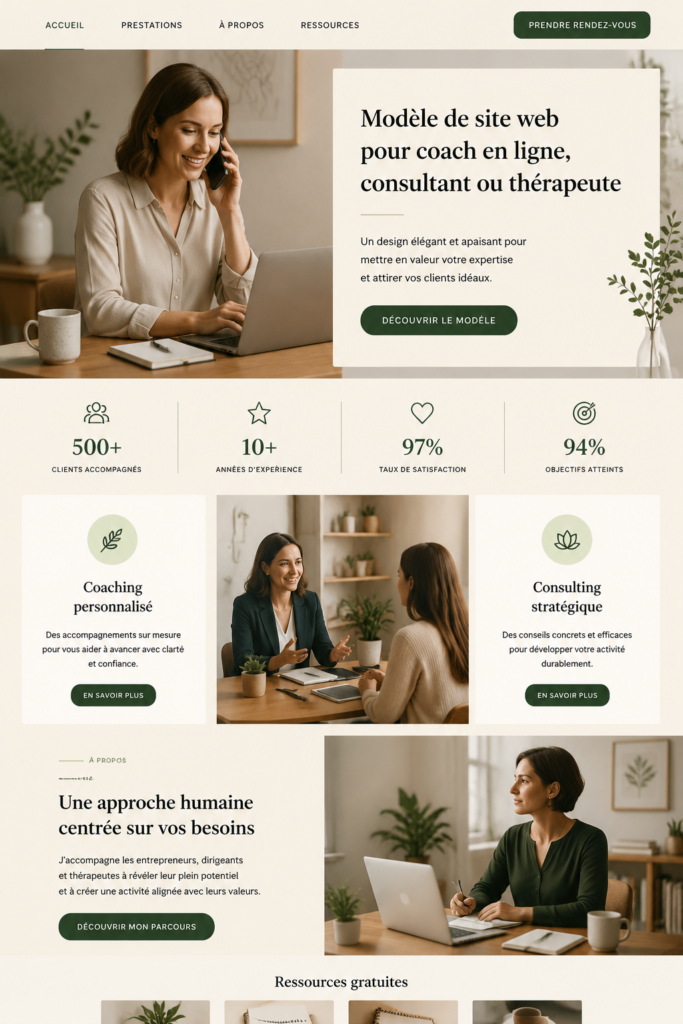 Capture d'écran d'un site professionnel créé avec Squarespace, montrant un design moderne et attrayant.