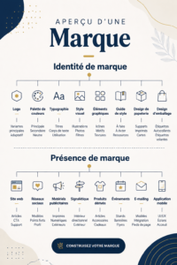 Aperçu d'une marque présenté sur un ordinateur avec des graphiques et des couleurs personnalisées.