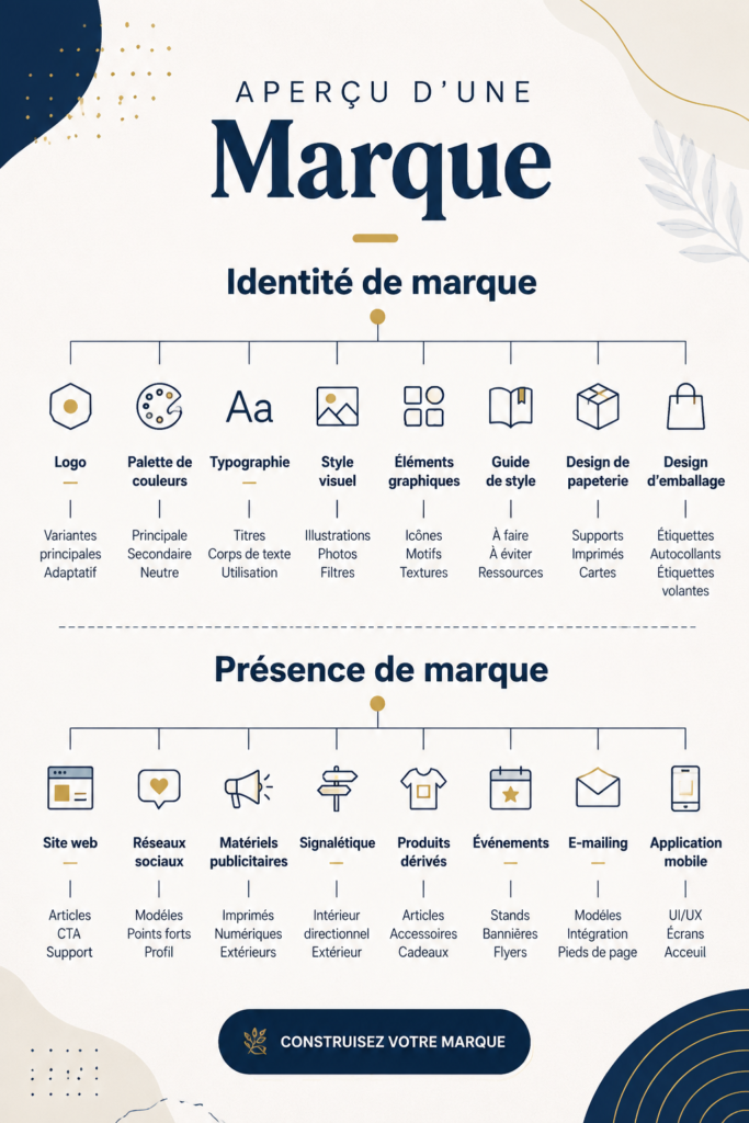 Aperçu d'une marque présenté sur un ordinateur avec des graphiques et des couleurs personnalisées.