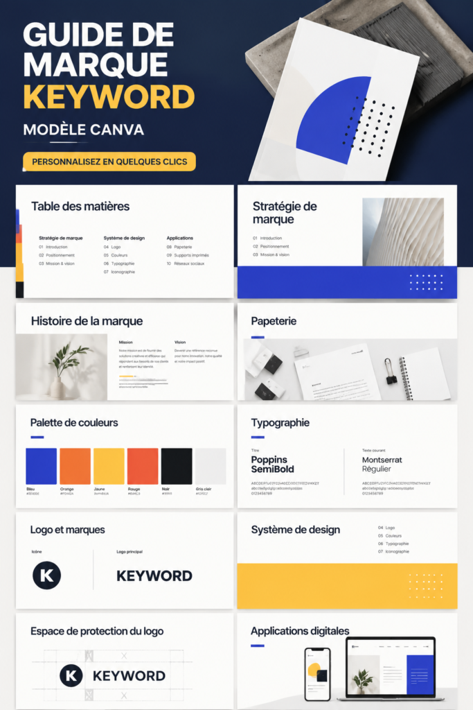 Exemple d'un guide de marque créé sur Canva avec des éléments graphiques colorés et modernes.