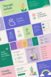 Illustration d'un logo coloré et joyeux pour une marque axée sur le bien-être des enfants.