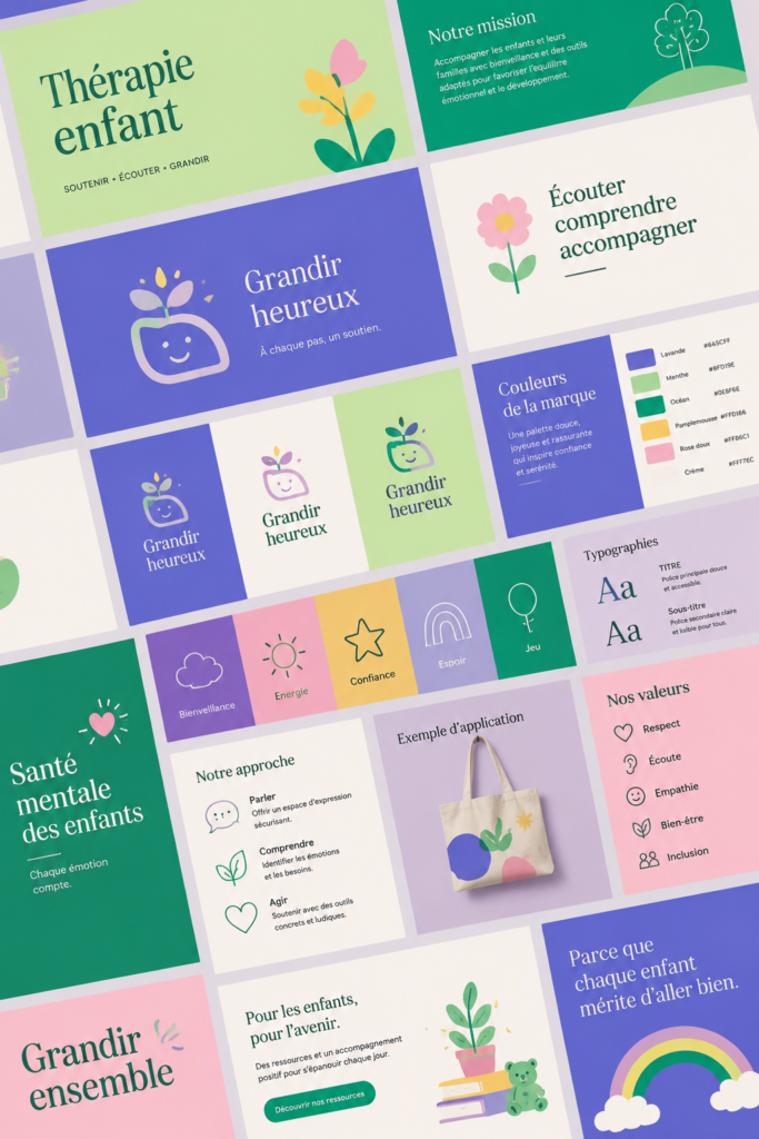 Illustration d'un logo coloré et joyeux pour une marque axée sur le bien-être des enfants.