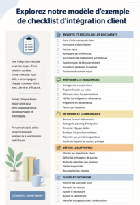 Modèle de checklist d'accueil pour nouveaux clients avec des étapes claires.