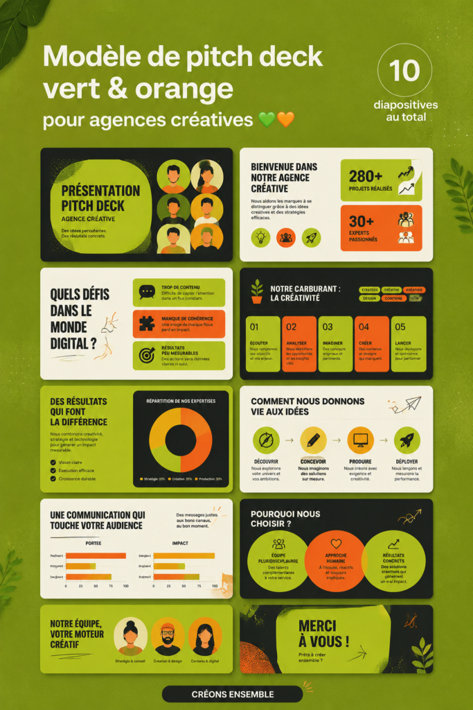 Modèle de présentation moderne en vert et orange adapté aux agences créatives.