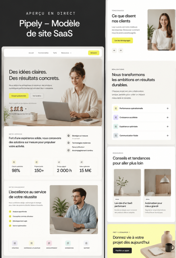 Modèle de site Web Pipely sur Webflow et Framer, avec un design moderne et pratique.