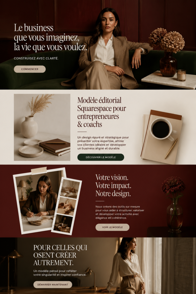 Modèle Squarespace moderne pour site d'entrepreneur avec une mise en page attrayante.