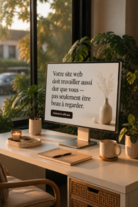 Visuel d'une femme entrepreneur analysant les performances de son site web sur un ordinateur.