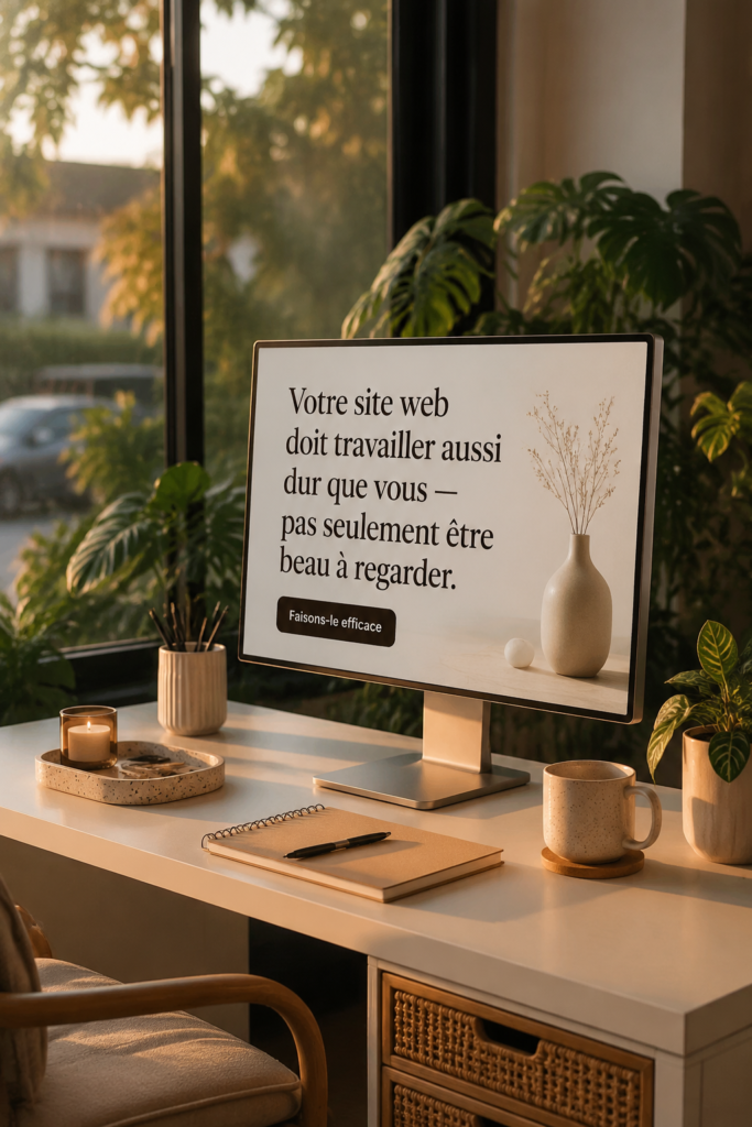 Visuel d'une femme entrepreneur analysant les performances de son site web sur un ordinateur.