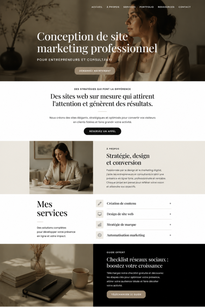 Capture d'écran d'un site web créatif sur Squarespace, illustrant ses fonctionnalités pour entrepreneurs.