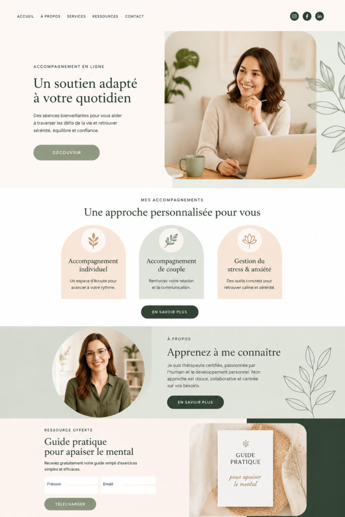 Modèle de site web moderne pour thérapeute, avec design épuré et sections personnalisables.