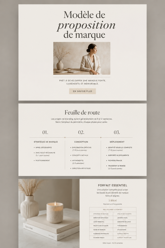 Image d'un modèle de proposition de marque sur un bureau, illustrant la créativité et le professionnalisme.