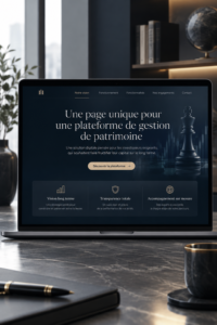 Une femme entrepreneuse travaillant sur son ordinateur pour créer une page web dédiée à la gestion de patrimoine.
