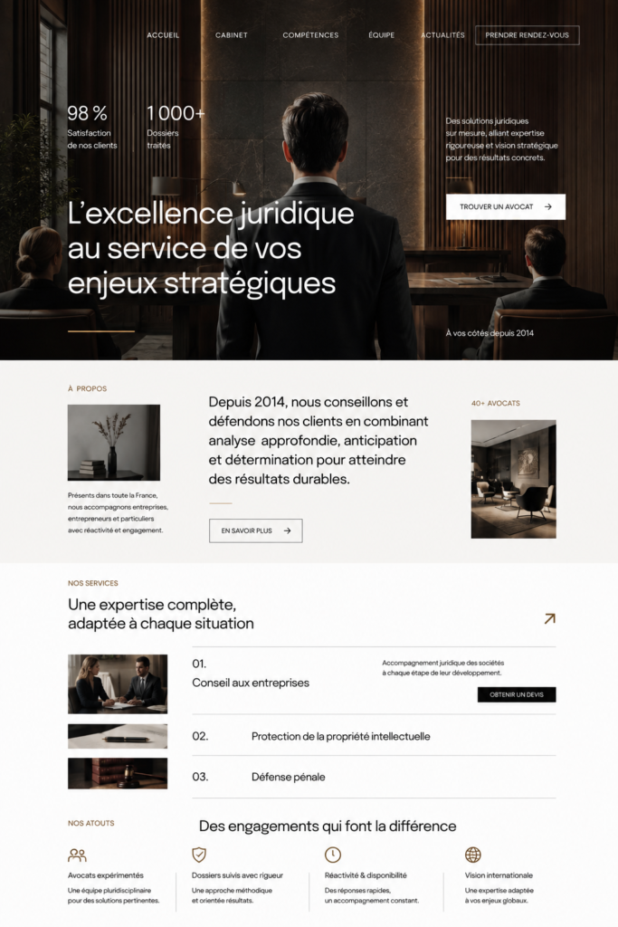 Représentation d'un site web d'avocat avec un design moderne et clair.