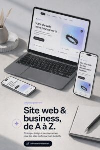 Illustration d'une femme travaillant sur son site web grâce à l'intelligence artificielle.
