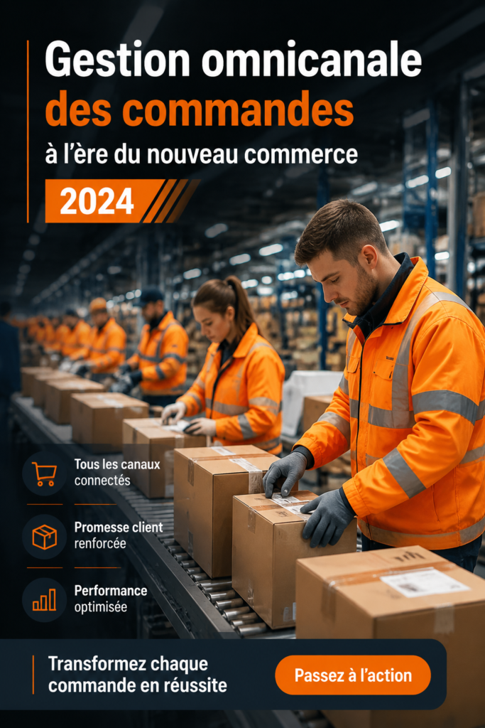 Illustration représentant une femme gérant des commandes omnicanales dans son entreprise, en 2024.