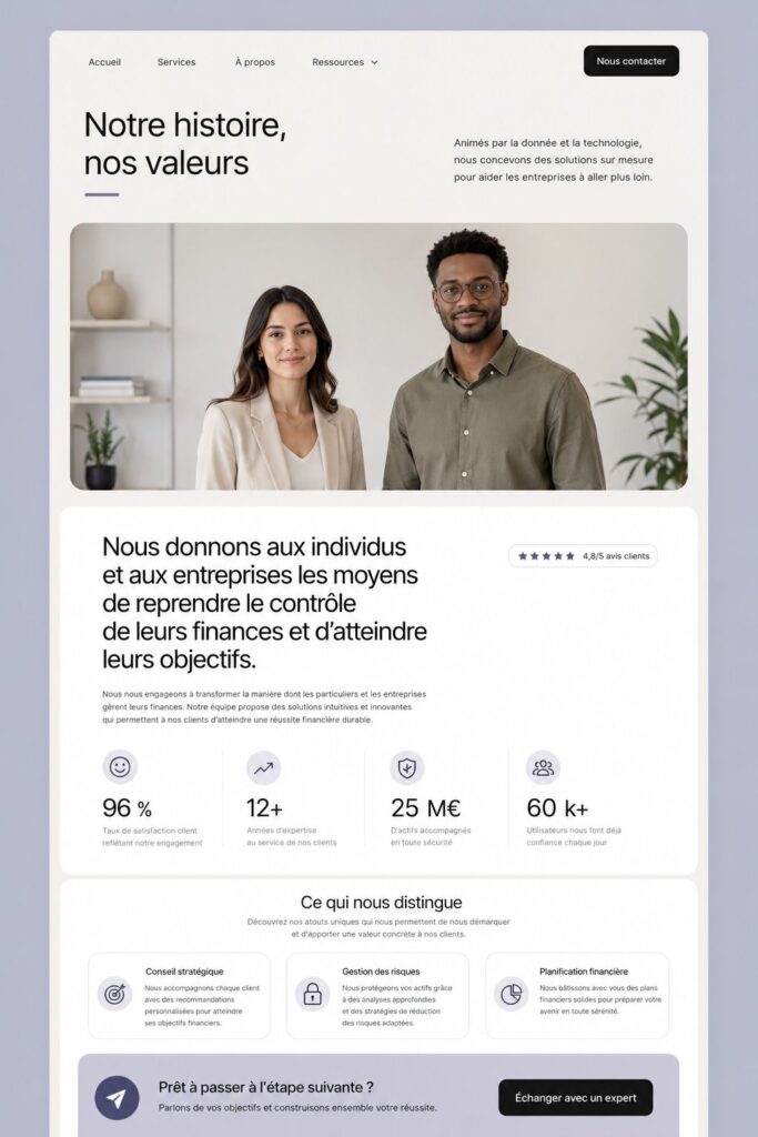 Capture d'écran d'une page à propos inspirante pour les entrepreneurs