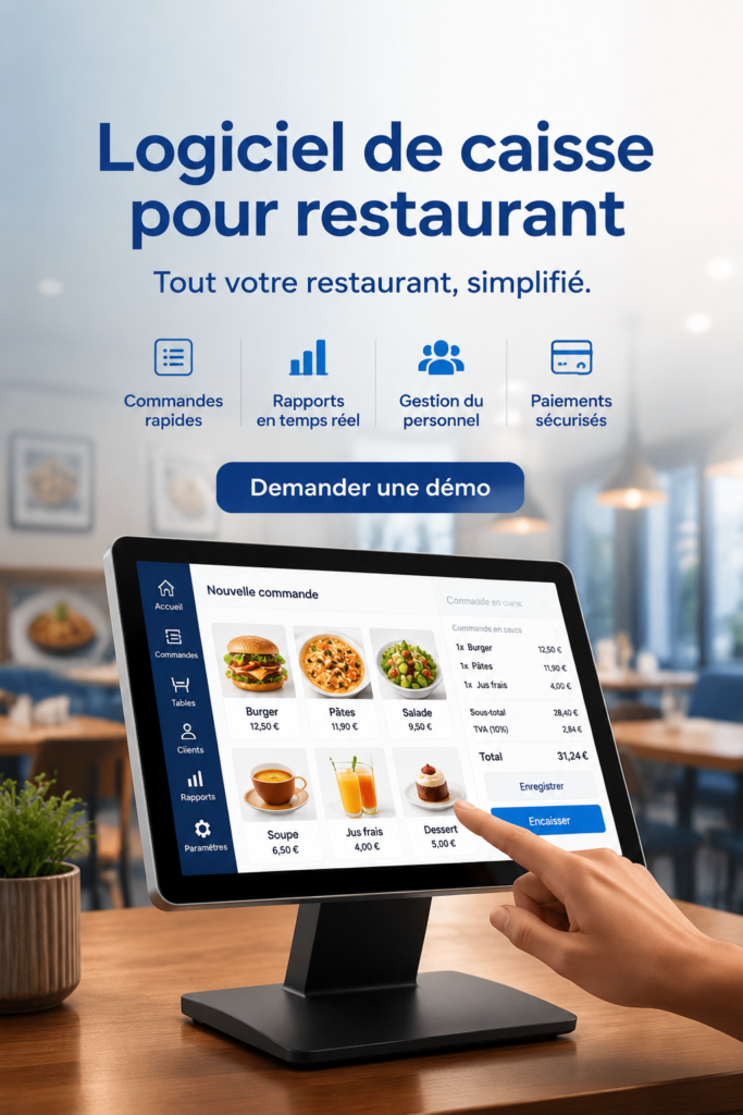 Capture d'écran d'un logiciel de gestion de restaurant illustrant ses fonctionnalités conviviales