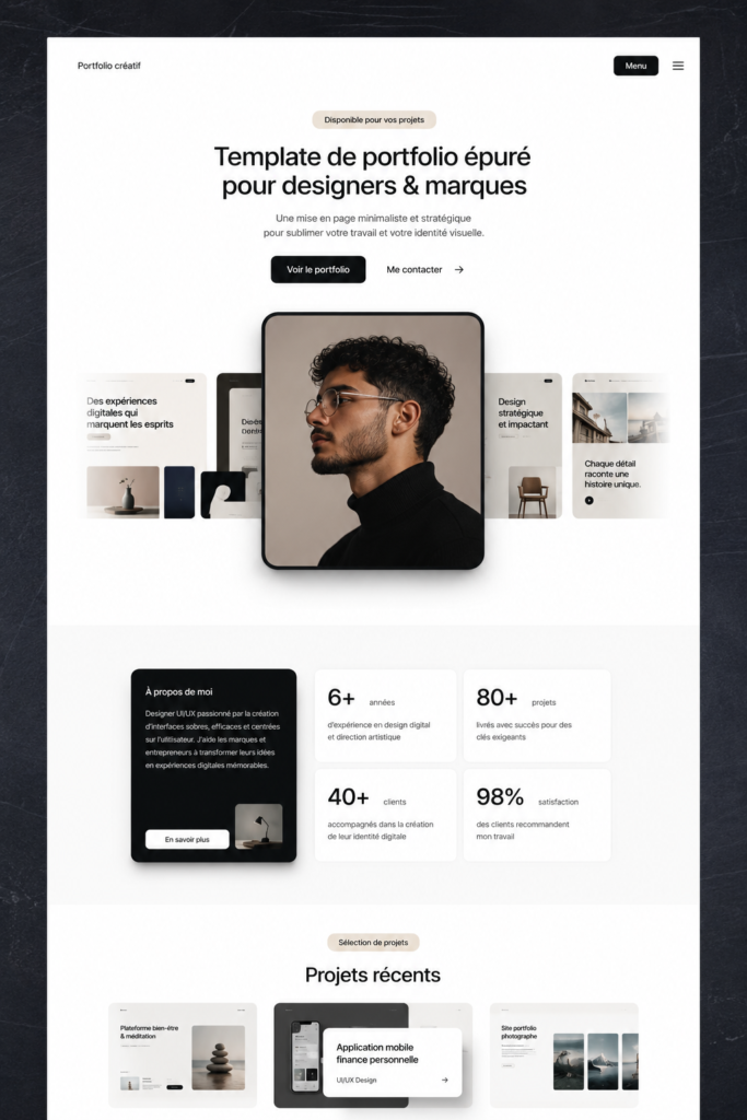 Modèle de portfolio épuré affichant des designs modernes et créatifs pour les designers.