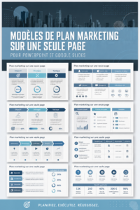 Un modèle de plan marketing présenté sur un bureau avec des outils de travail.