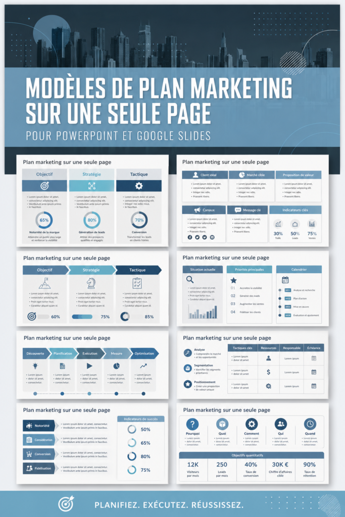 Un modèle de plan marketing présenté sur un bureau avec des outils de travail.