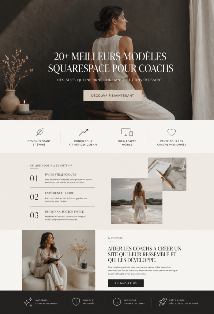 Une capture d'écran d'un site web premium créé avec un modèle Squarespace pour coachs.