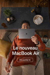 Image du nouveau MacBook Air sur un bureau à domicile, illustrant son design élégant et moderne.
