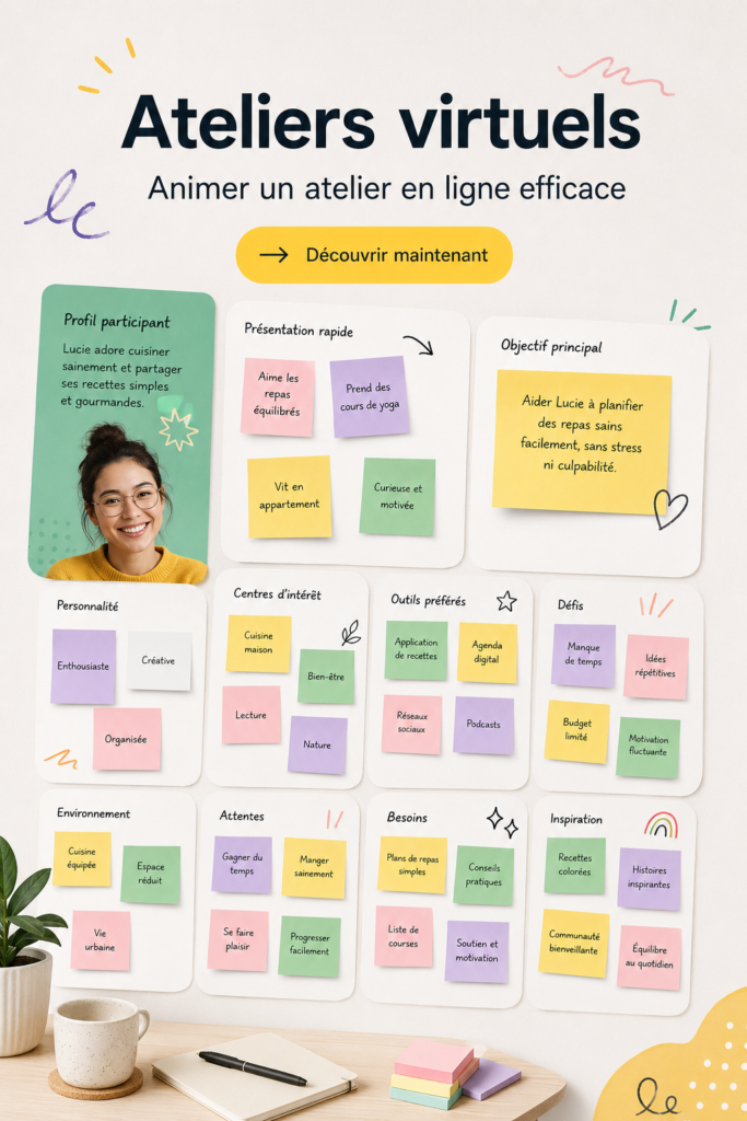 Femme animant un atelier en ligne sur son ordinateur portable avec des participants visibles sur écran