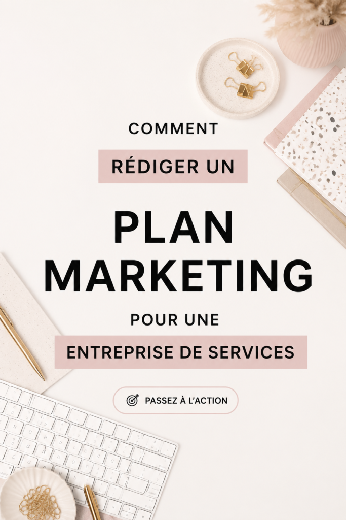 Une femme réfléchissant à son plan marketing entourée de notes et d'outils de rédaction.