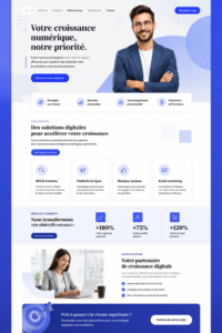 Illustration d'une femme entrepreneur utilisant des outils de marketing digital sur son ordinateur.