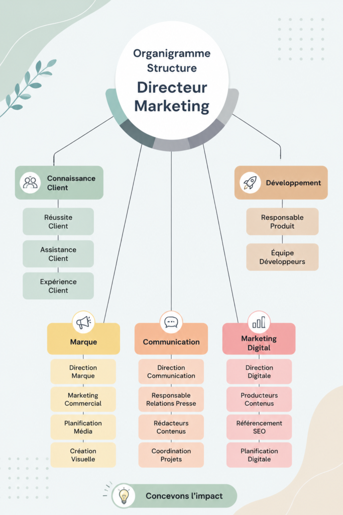 Illustration d'une équipe marketing organisée avec une structure claire et efficace.