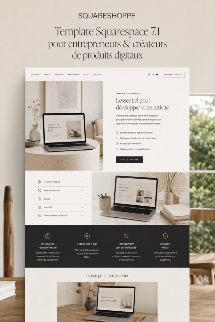 Template Squarespace 7.1 présenté sur un écran d'ordinateur portable, montrant une boutique en ligne élégante.
