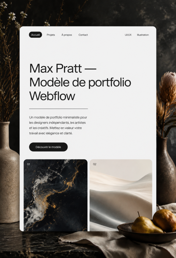 Modèle Max Pratt pour site Webflow à l'esthétique moderne