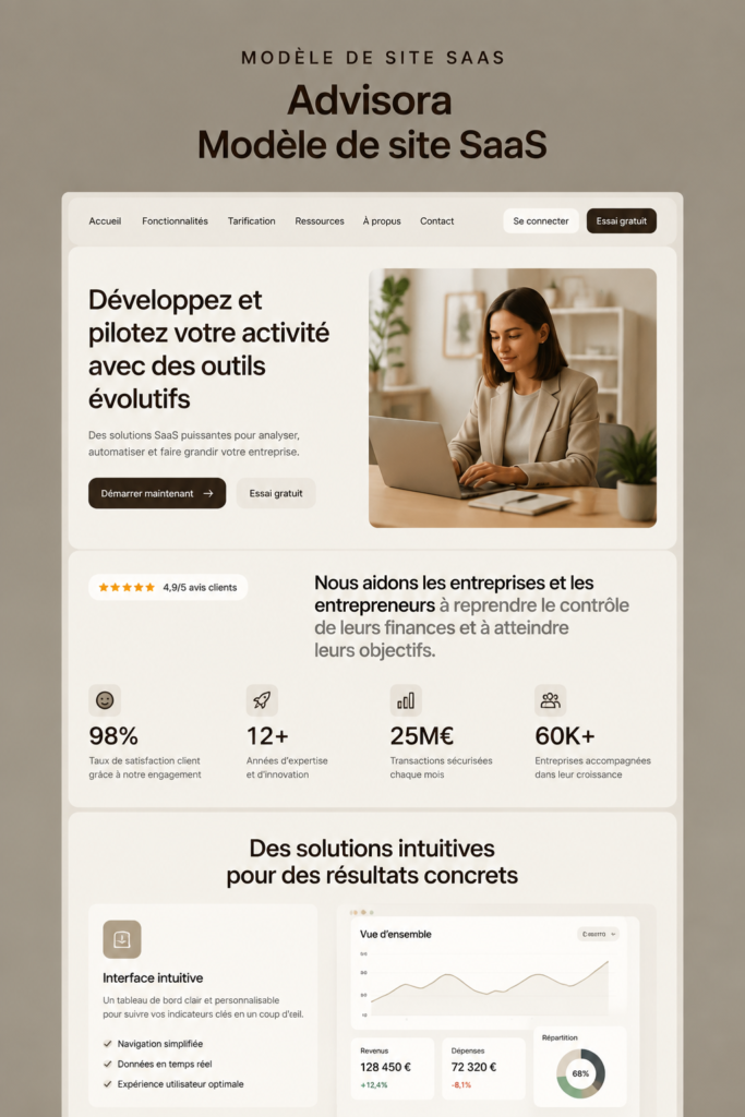 Femme consultant un modèle de site SaaS sur un ordinateur, montrant diverses options de design.