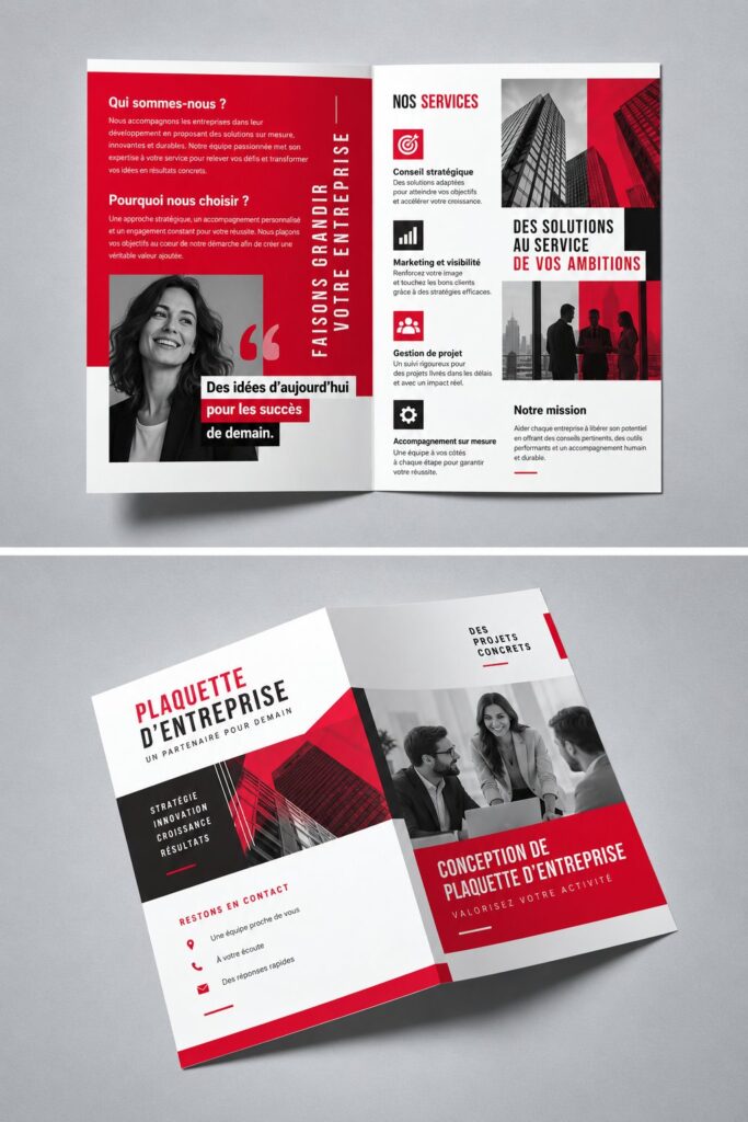 Brochure bifold professionnelle sur un bureau, mettant en avant des services pour entrepreneurs.