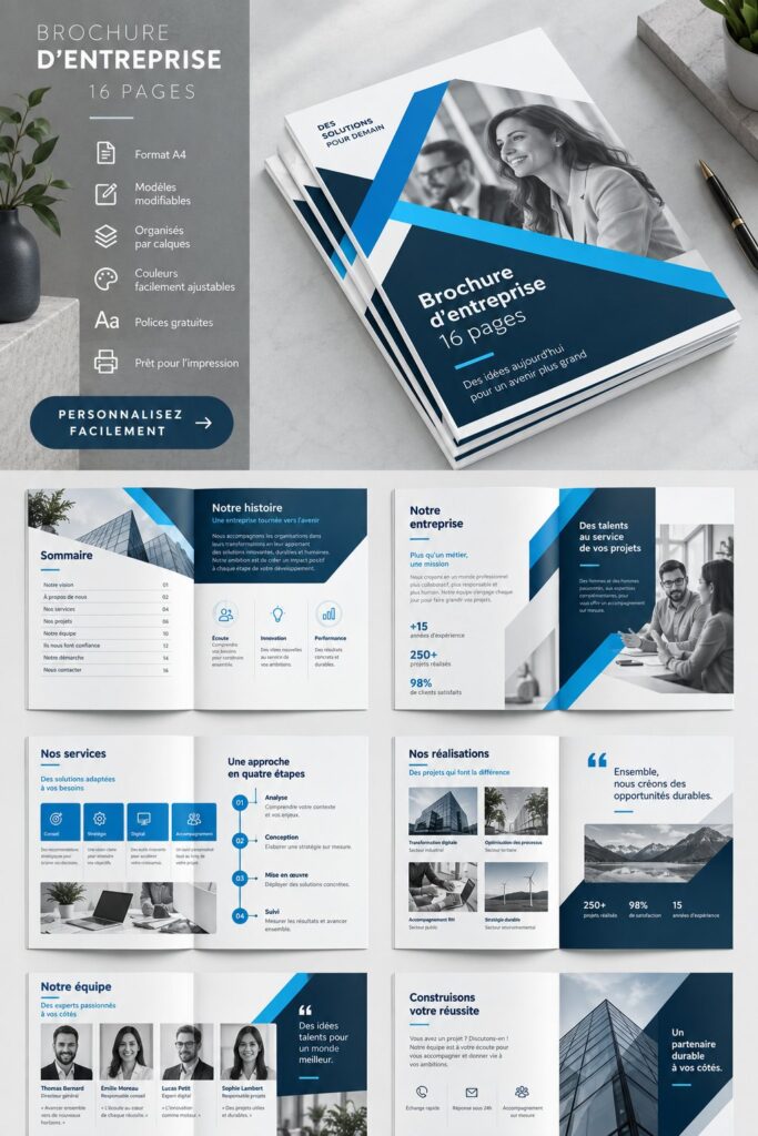 Nouvelle brochure d'entreprise liée aux services professionnels, présentée élégamment.