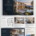Brochure immobilière de luxe présentée sur une table en bois avec des éléments décoratifs.