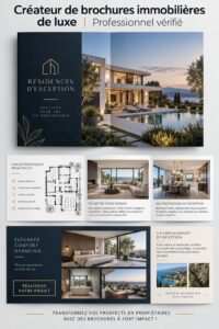 Brochure immobilière de luxe présentée sur une table en bois avec des éléments décoratifs.