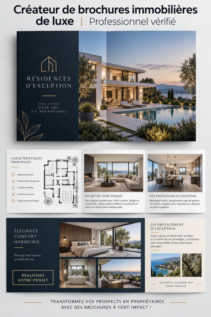 Brochure immobilière de luxe présentée sur une table en bois avec des éléments décoratifs.