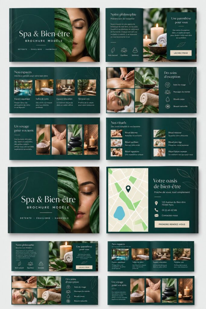 Une brochure spa élégante présentant des services de bien-être, idéale pour attirer de nouveaux clients.