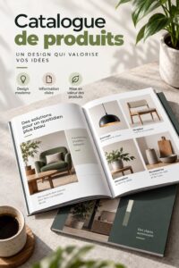 Création d'un catalogue produit moderne sur un bureau avec des échantillons.
