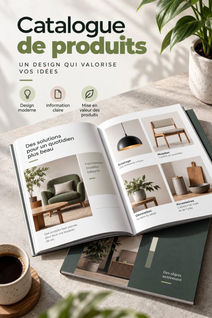 Création d'un catalogue produit moderne sur un bureau avec des échantillons.