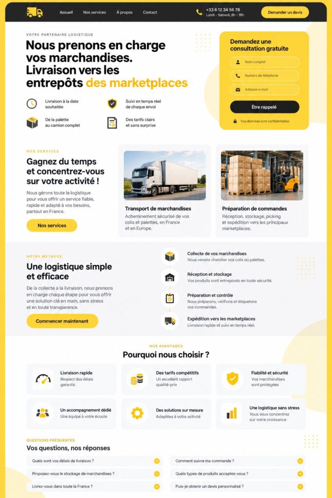 Capture d'écran d'une page de destination pour services logistiques avec un design attrayant.