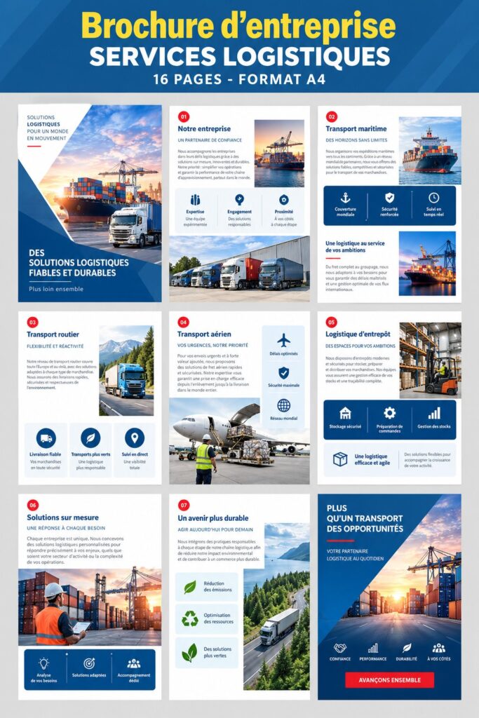 Une brochure logistique professionnelle ouverte sur un bureau.