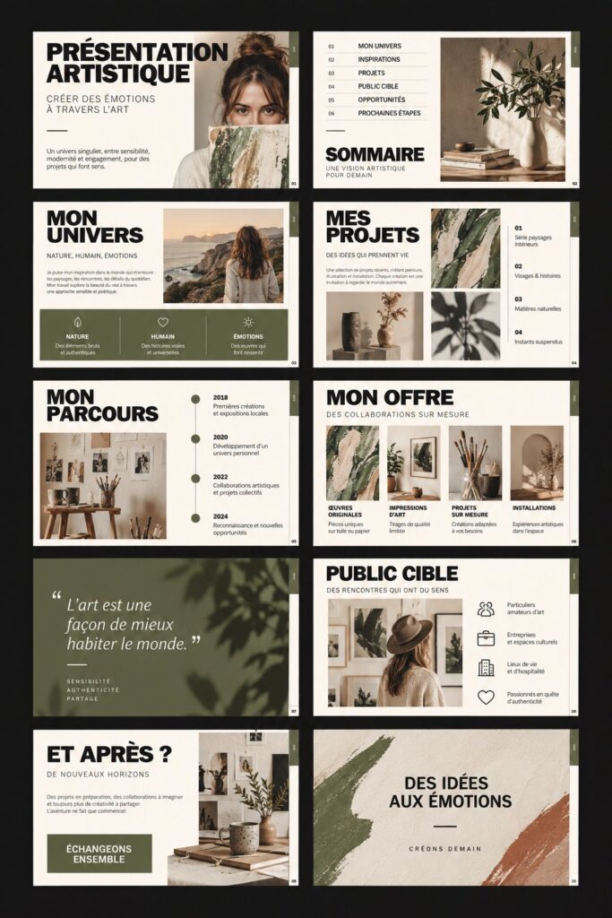Une artiste présente son pitch deck à un groupe d'investisseurs, expliquant son œuvre avec passion.