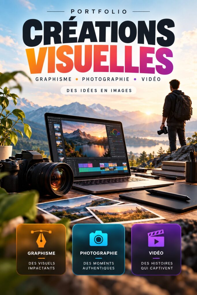 Exemple de portfolio visuel avec créations graphiques et photographies